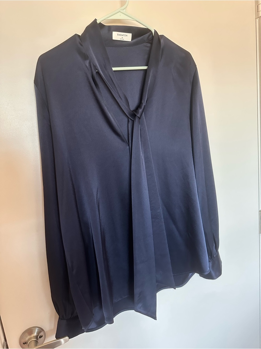 NWT Babaton Navy Satin Tie-Neck Blouse